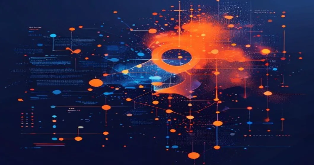 Abstract visualization of generative engine optimization with interconnected data nodes and AI synthesis pathways on dark blue background with orange accent lighting