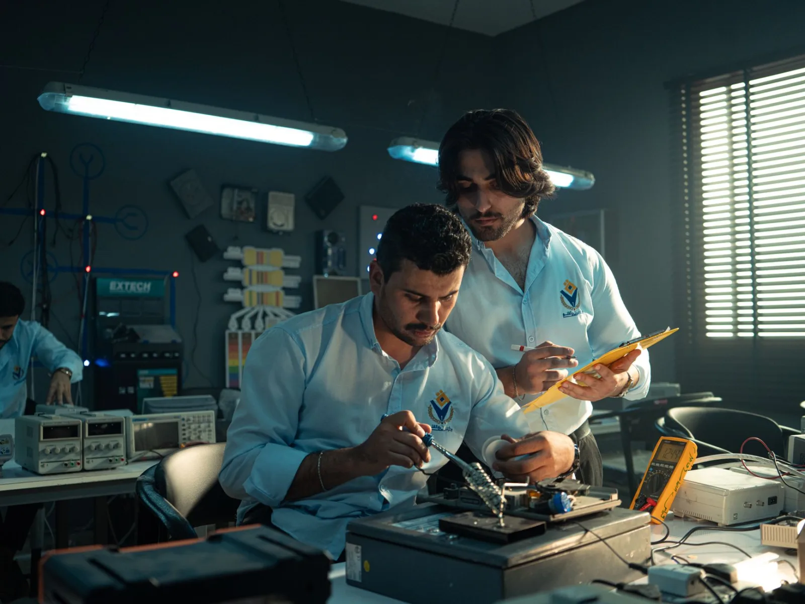 Hero image for technical copywriting for UAE engineering firms article showing blueprint visualization and engineering specifications design in dark navy and orange