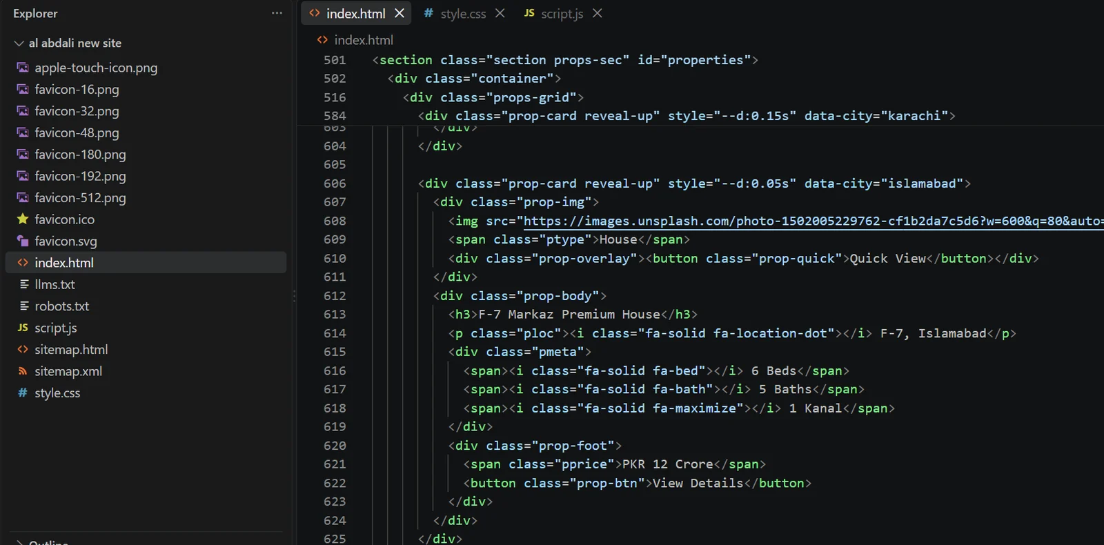 Al-Abdali Enterprises source code — hand-written property card markup with data-city filtering, no CMS or page builder — ithouse.tech custom web development