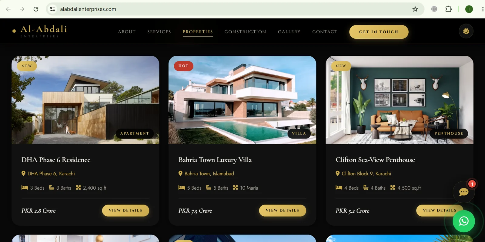 Al-Abdali Enterprises property listings — DHA Phase 6 Residence, Bahria Town Luxury Villa, Clifton Sea-View Penthouse with beds, baths, area and PKR pricing — ithouse.tech Web Development
