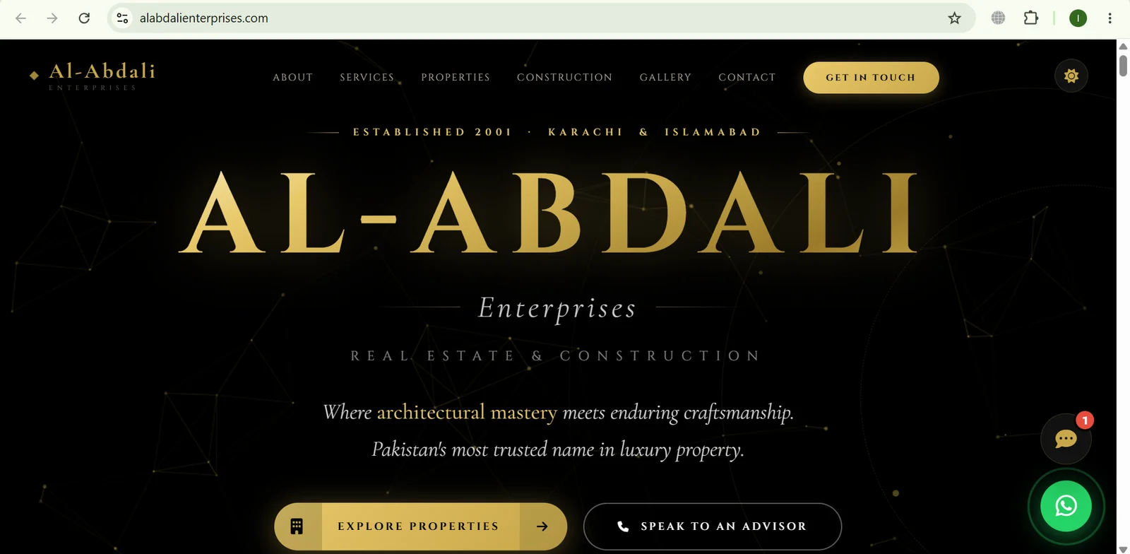 Al-Abdali Enterprises homepage hero — Established 2001, Karachi and Islamabad luxury real estate and construction — ithouse.tech Web Development