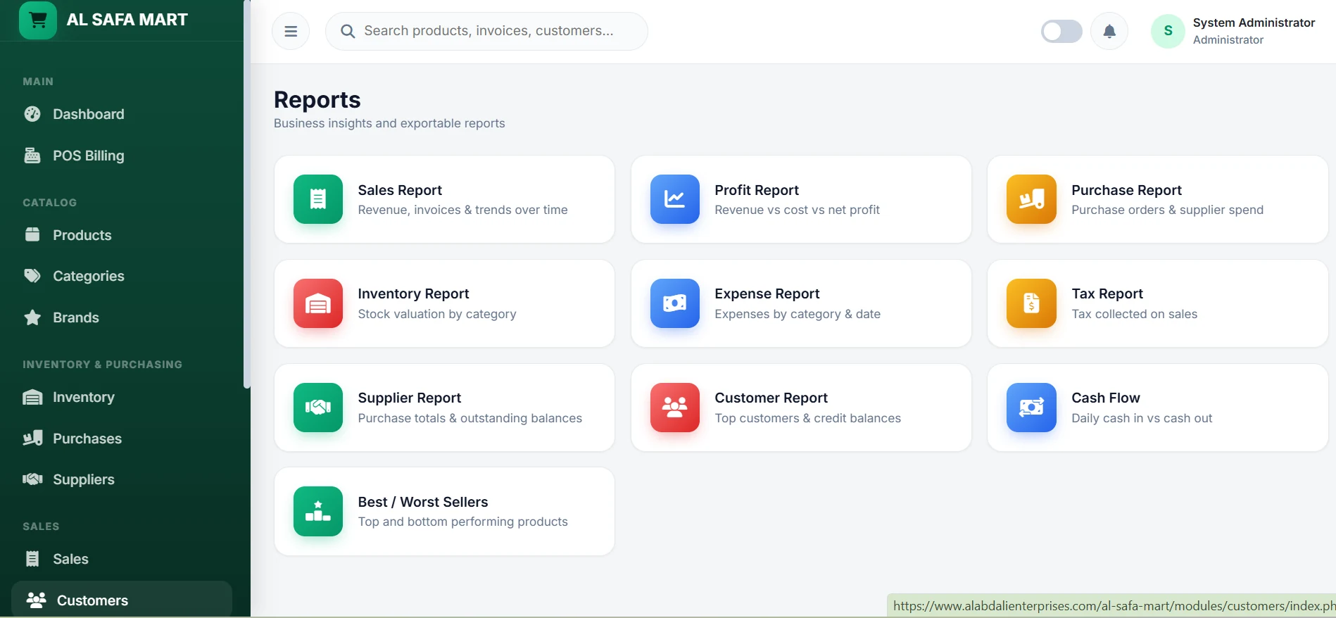 Al Safa Mart's 10-report business intelligence suite — sales, profit, purchase, inventory, expense, tax, supplier, customer, cash flow and best/worst sellers — ithouse.tech
