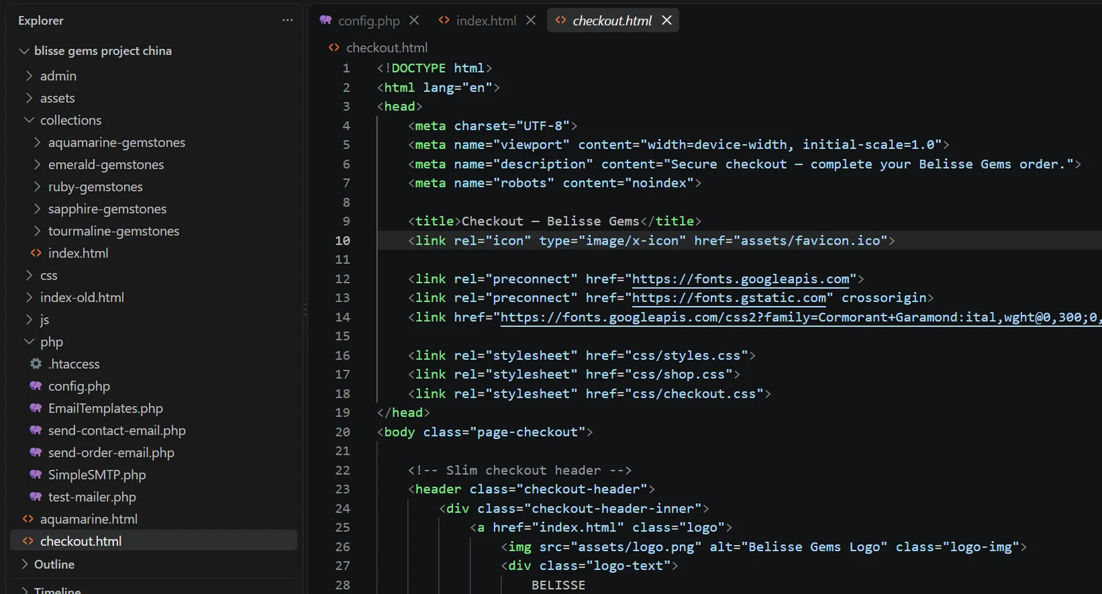 Belisse Gems checkout.html source and custom PHP backend — config.php, EmailTemplates.php, SimpleSMTP mailer, send-order-email.php — ithouse.tech custom software development