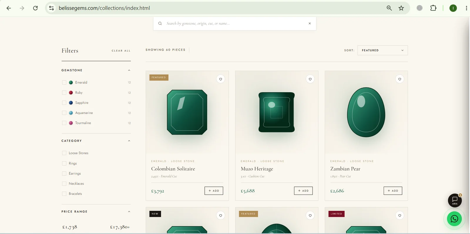 Belisse Gems collection browser — filter by gemstone, category and price range across emerald, ruby, sapphire, aquamarine and tourmaline stones — ithouse.tech Web Development