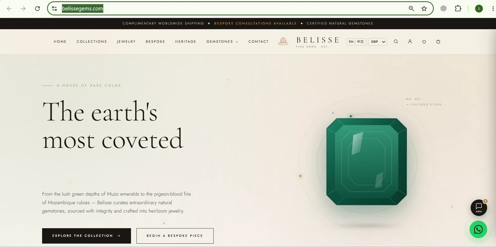 Belisse Gems homepage — a house of rare color, featured emerald stone, multi-currency bilingual luxury gemstone storefront — ithouse.tech Web Development