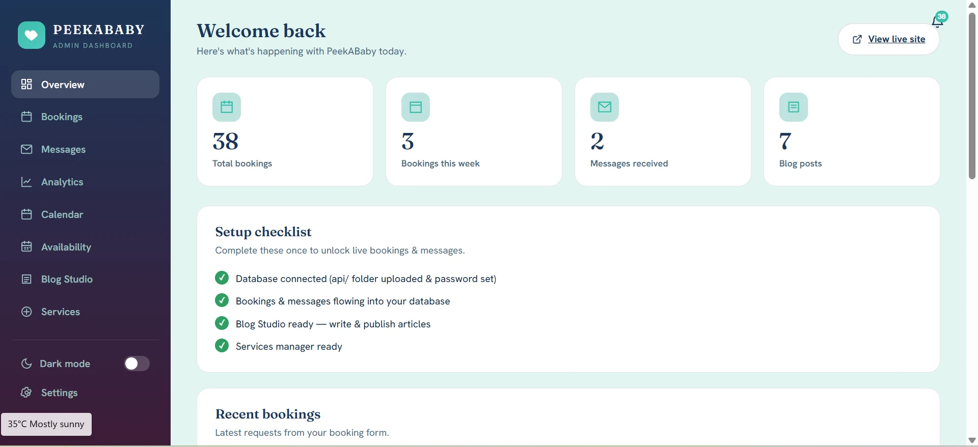 PeekABaby admin dashboard overview — bookings, messages, blog posts and setup checklist — ithouse.tech custom software development