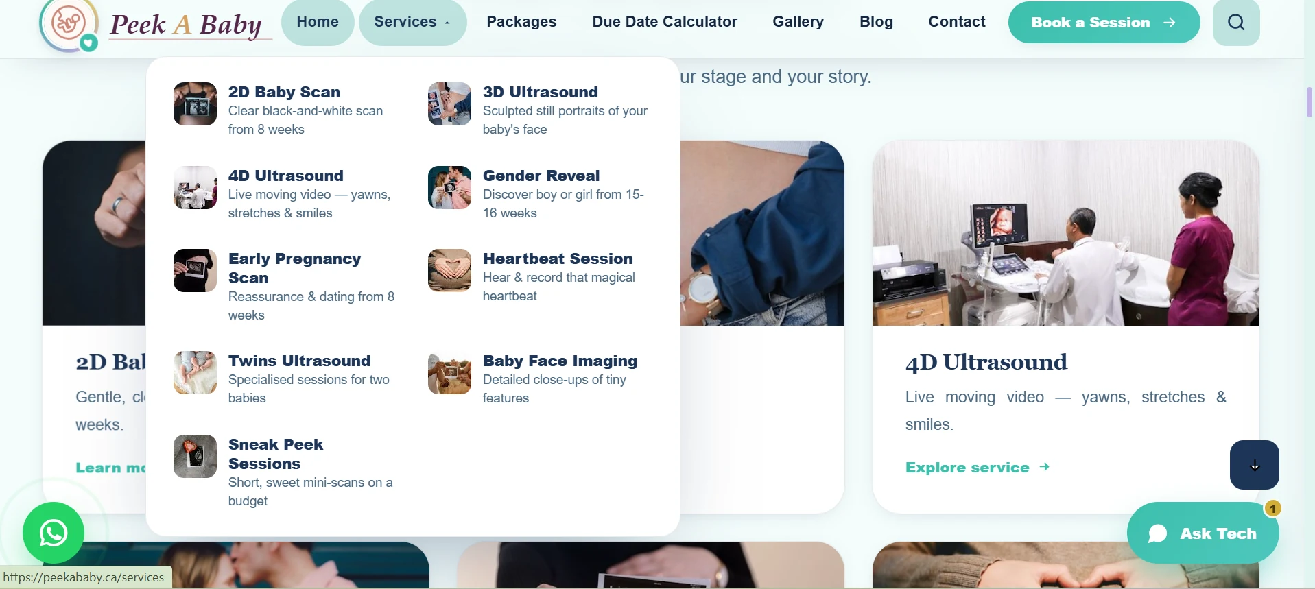 PeekABaby services menu — 2D, 3D, 4D ultrasound, gender reveal, heartbeat and twins sessions — ithouse.tech Web Development